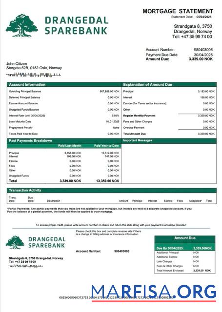 Printable Norway Drangedal Sparebank mortgage statement Word and PDF template